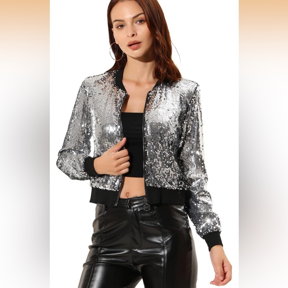 Allegra K Silver Sequin Bomber Jacket Small/363-10